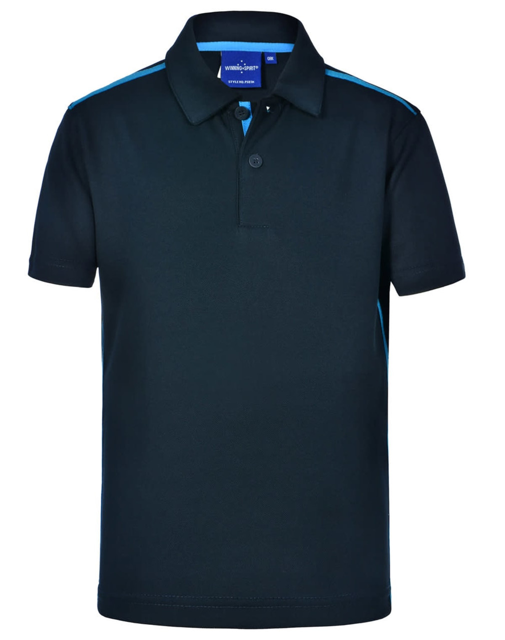A navy blue short sleeve polo shirt with contrast turquoise detailing and a logo on the chest.