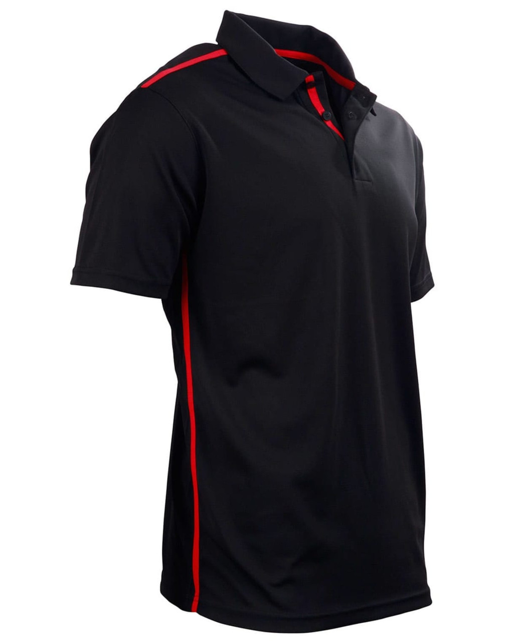 A black polo shirt with red contrast stripes and a collar, featuring a logo. Short sleeves and a sporty design.