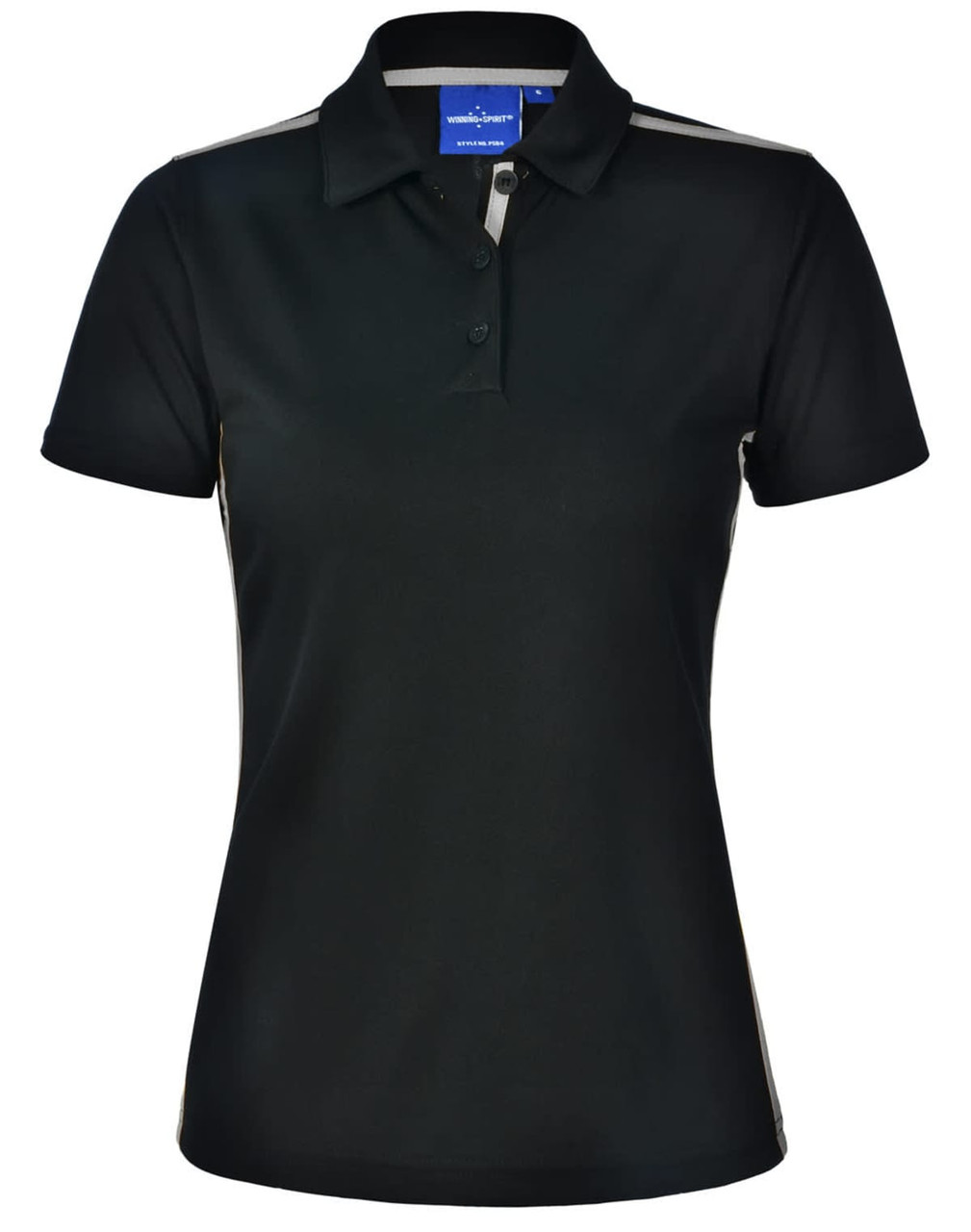 Ladies' short sleeve polo shirt in black with contrast detailing, featuring a collar and a branding logo.