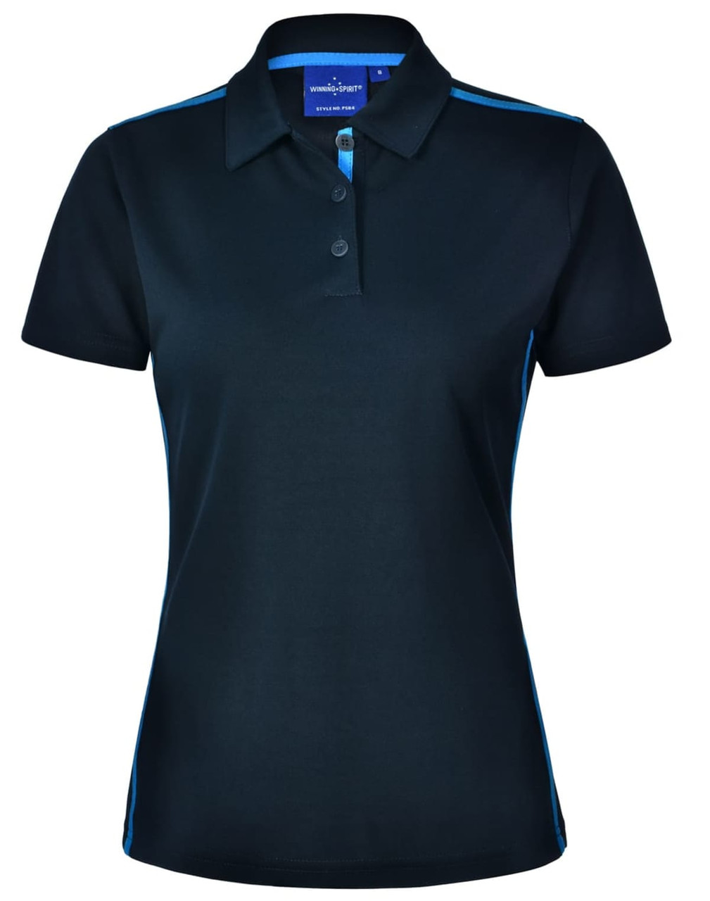 A black ladies' short sleeve polo shirt with contrasting blue side panels and a collar. Features a logo.