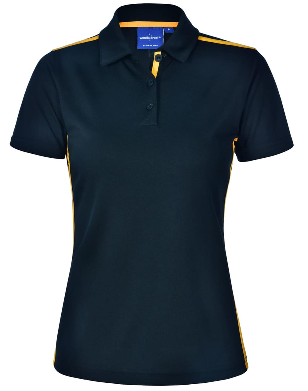 A short-sleeve polo shirt in dark green with yellow contrast detailing and a logo on the chest.