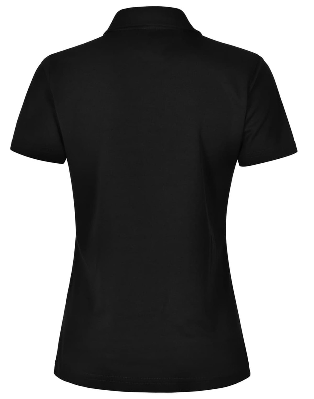 A black ladies' polo shirt with short sleeves and a collar, featuring a subtle logo.