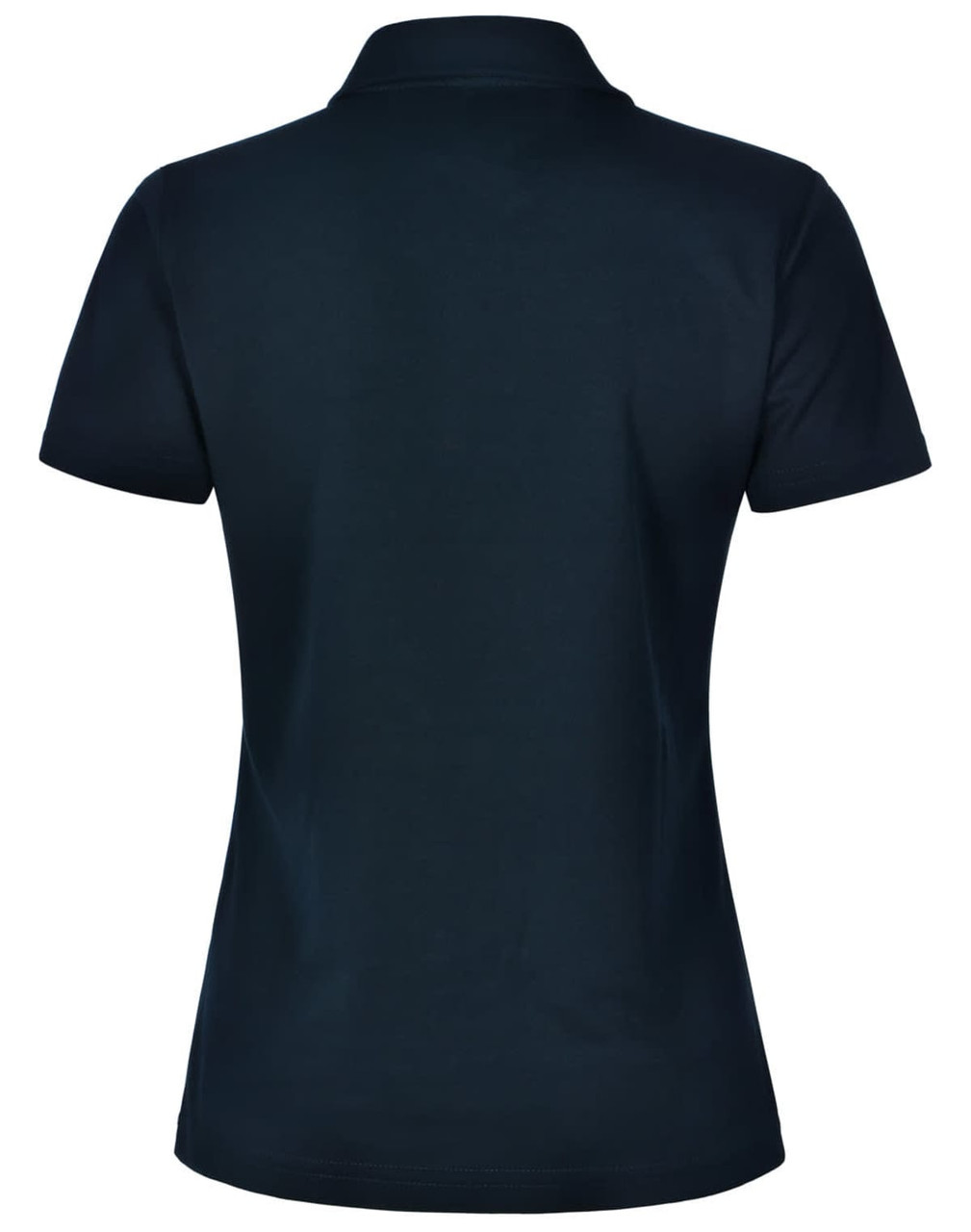 A dark navy ladies' short sleeve polo shirt with a smooth finish and a collar. Features a logo on the front.