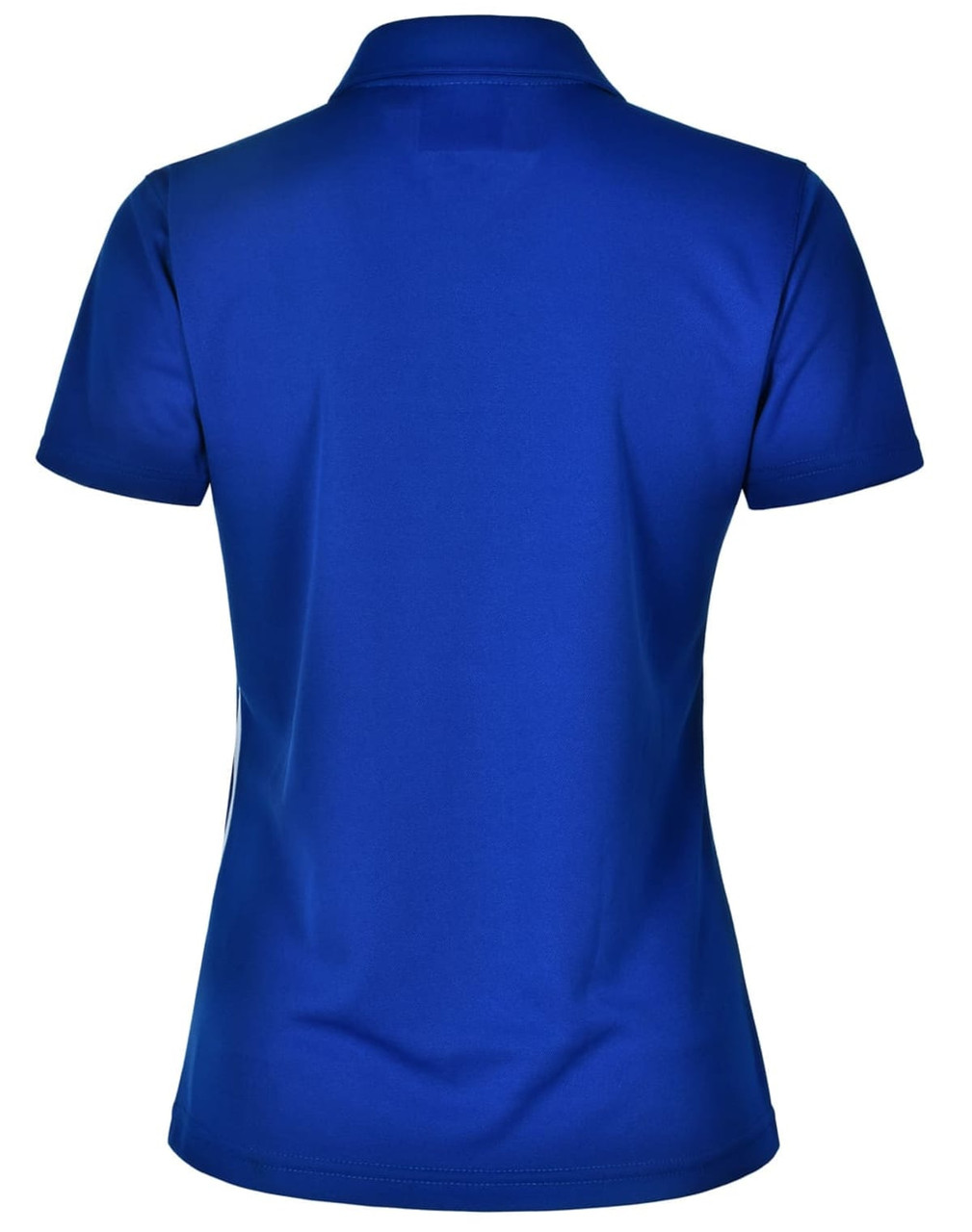 A blue ladies' short sleeve polo shirt featuring a contrast collar and a logo.