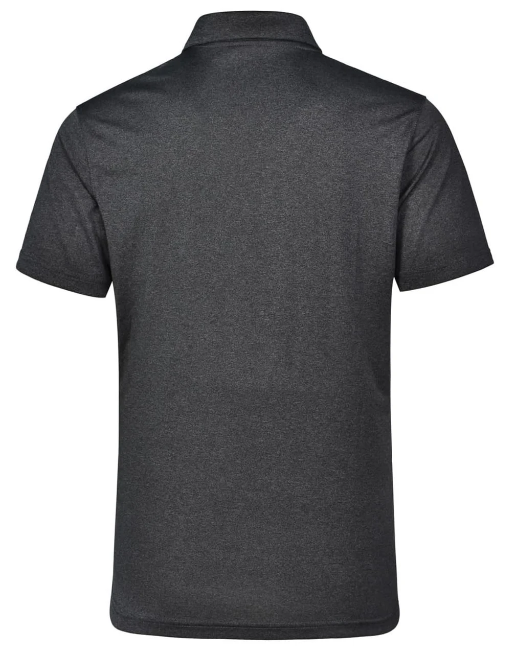 A dark grey men's short sleeve polo shirt featuring a collar and a logo.