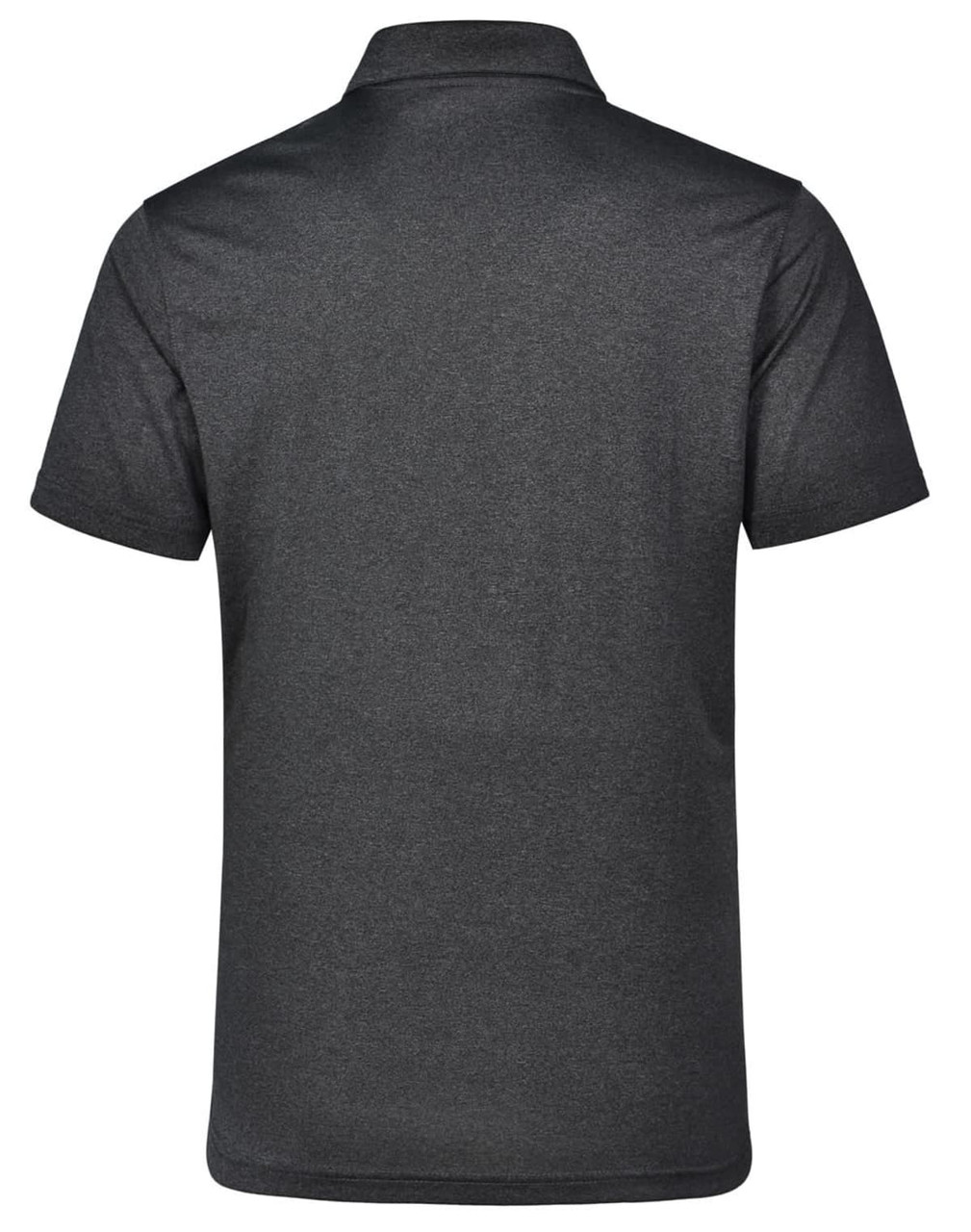 A dark grey men's short sleeve polo shirt featuring a collar and a logo.