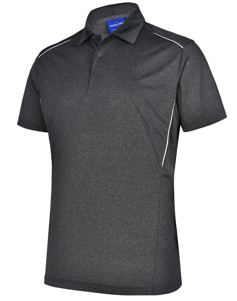 A men's short sleeve polo shirt in dark grey, featuring piping details and a logo.