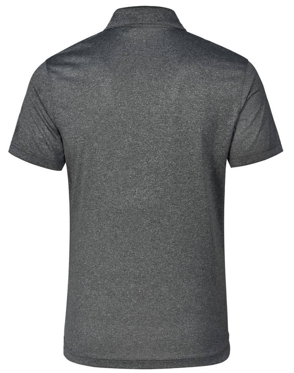 A dark grey men's short sleeve polo shirt with a collar and branding on the back.