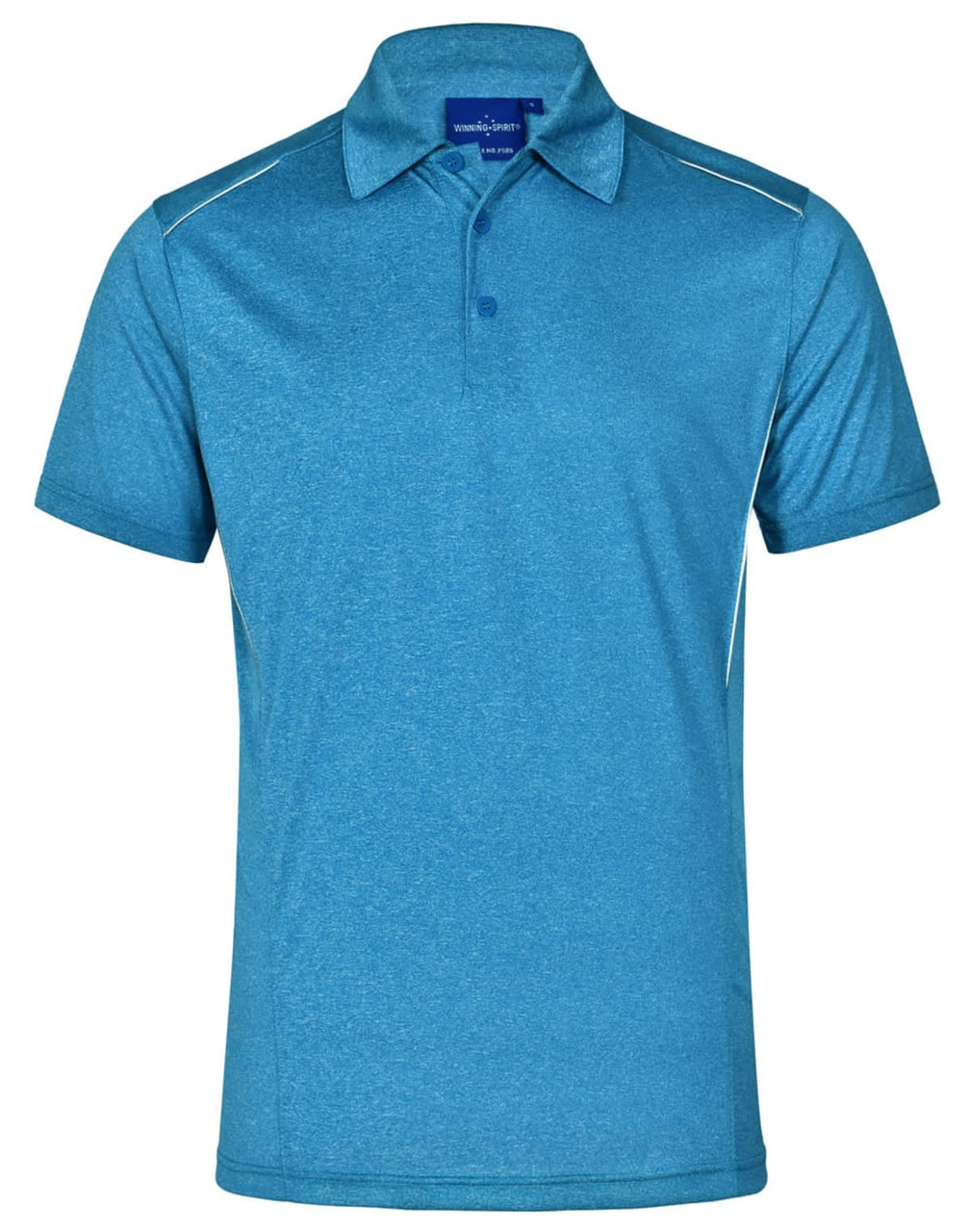 A blue short sleeve polo shirt featuring a collar and a logo, designed for men.