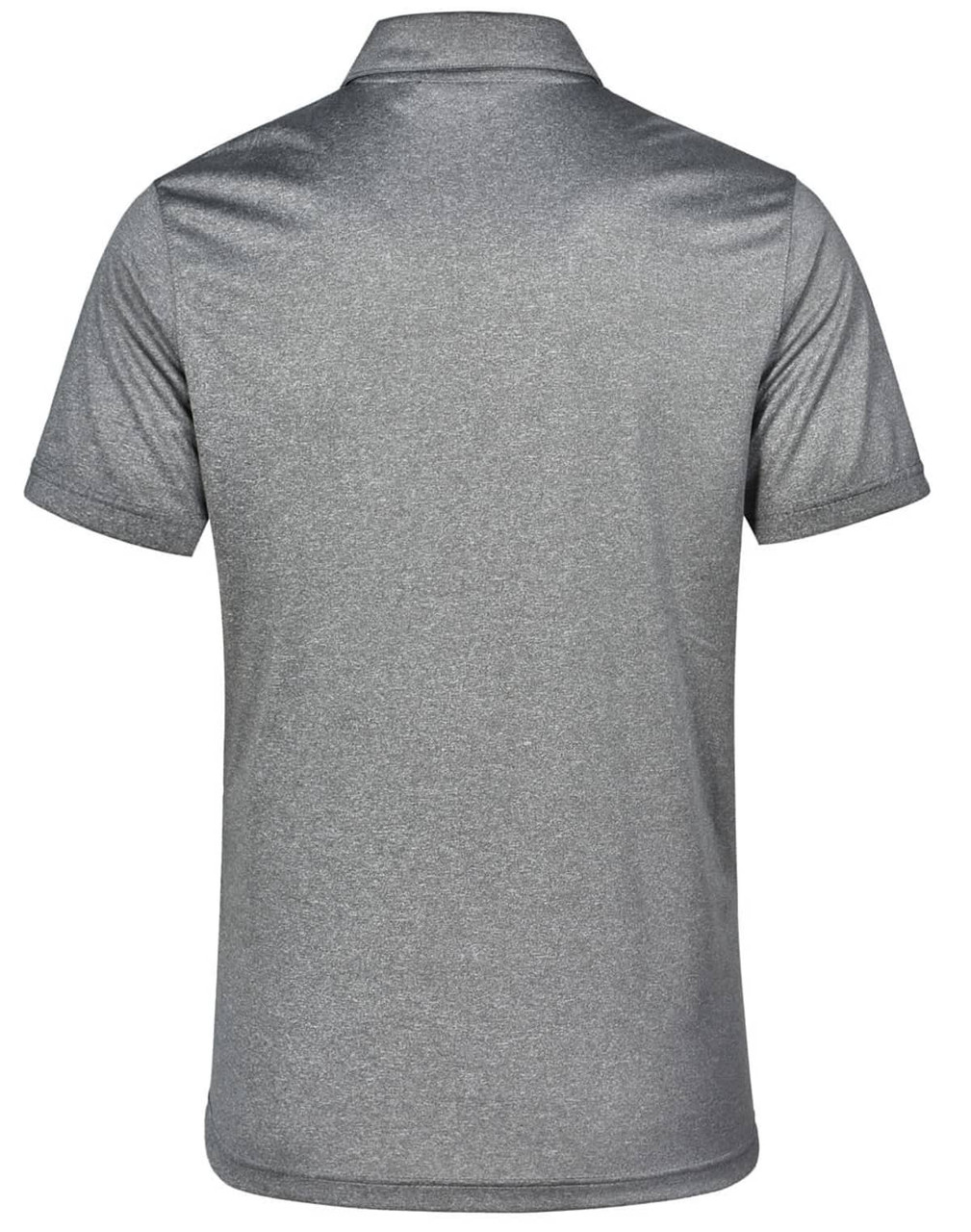A grey short sleeve polo shirt featuring a smooth fabric texture and a collar, with a logo on the back.