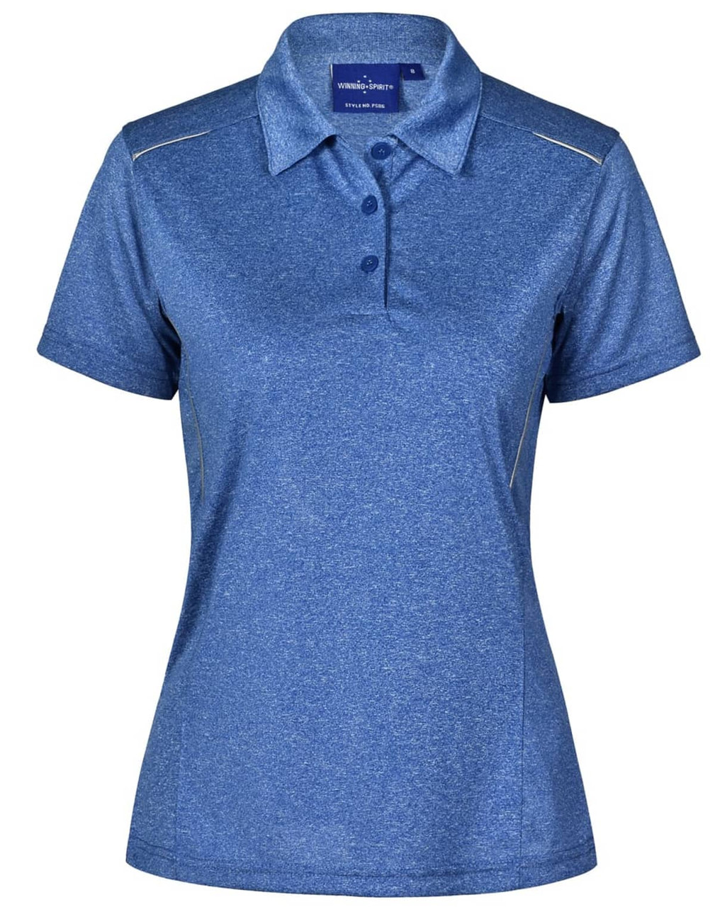 A blue ladies' short sleeve polo shirt with a collar and a logo. Features subtle detailing and a sporty design.