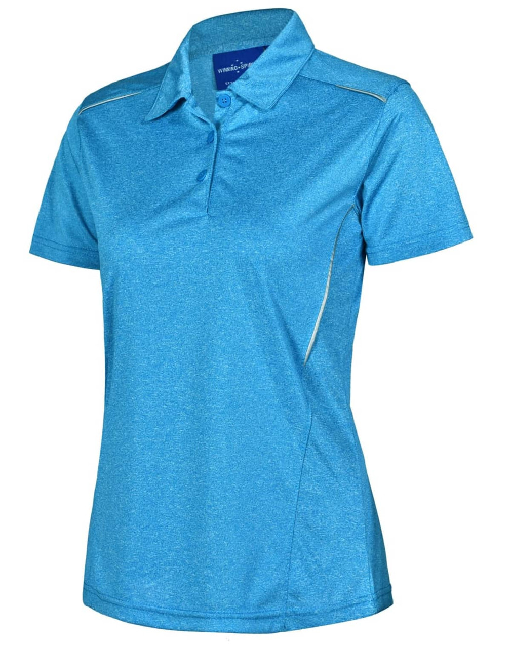 A ladies' short sleeve polo in blue with a logo, featuring a stylish cationic fabric and a modern cut.
