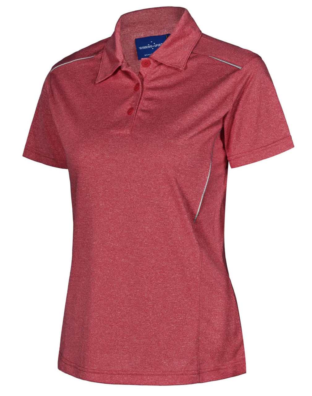 A red short sleeve polo shirt featuring a classic collar and a logo, designed for women's wear.