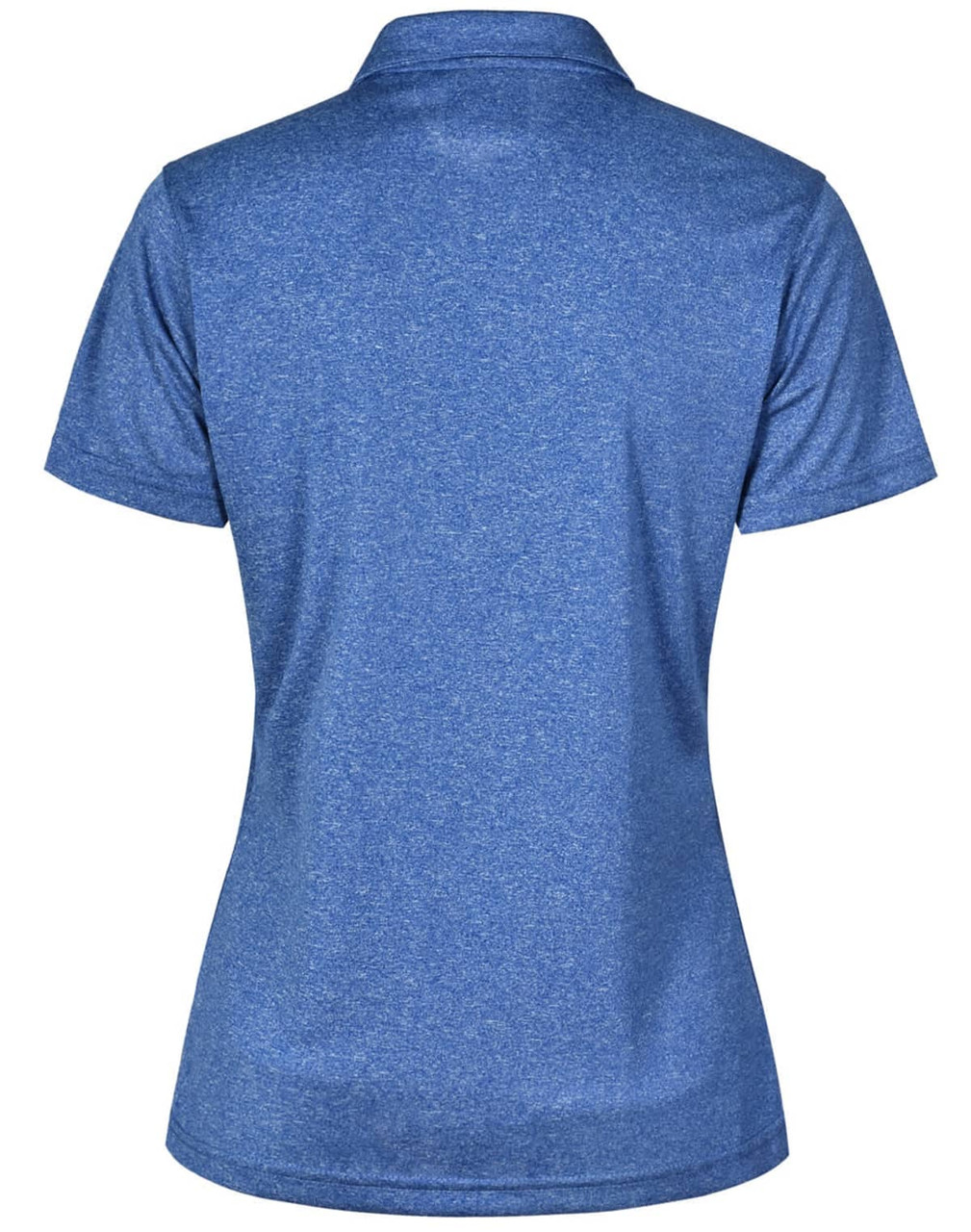 A blue ladies' short sleeve polo shirt with a classic collar and back view. It features a logo on the side.
