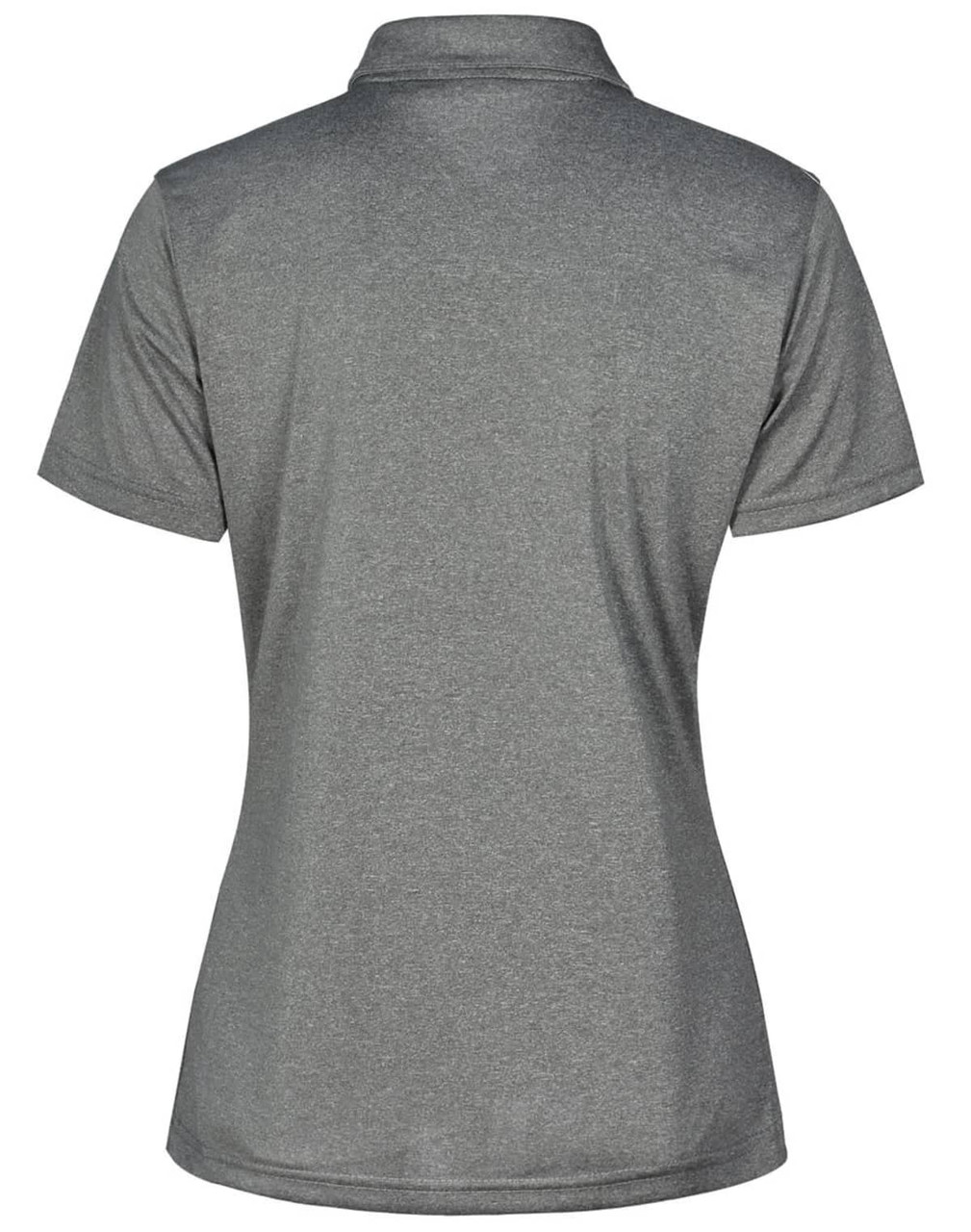A grey short sleeve polo shirt with a modern fit, featuring a collar and a branding logo.
