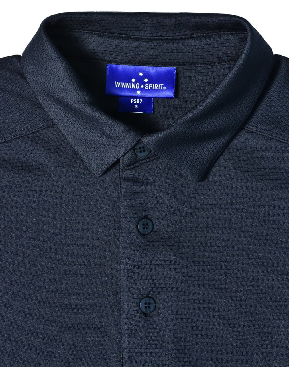 A dark navy polo shirt featuring a textured fabric and a collar, with a logo tag inside the neckline.