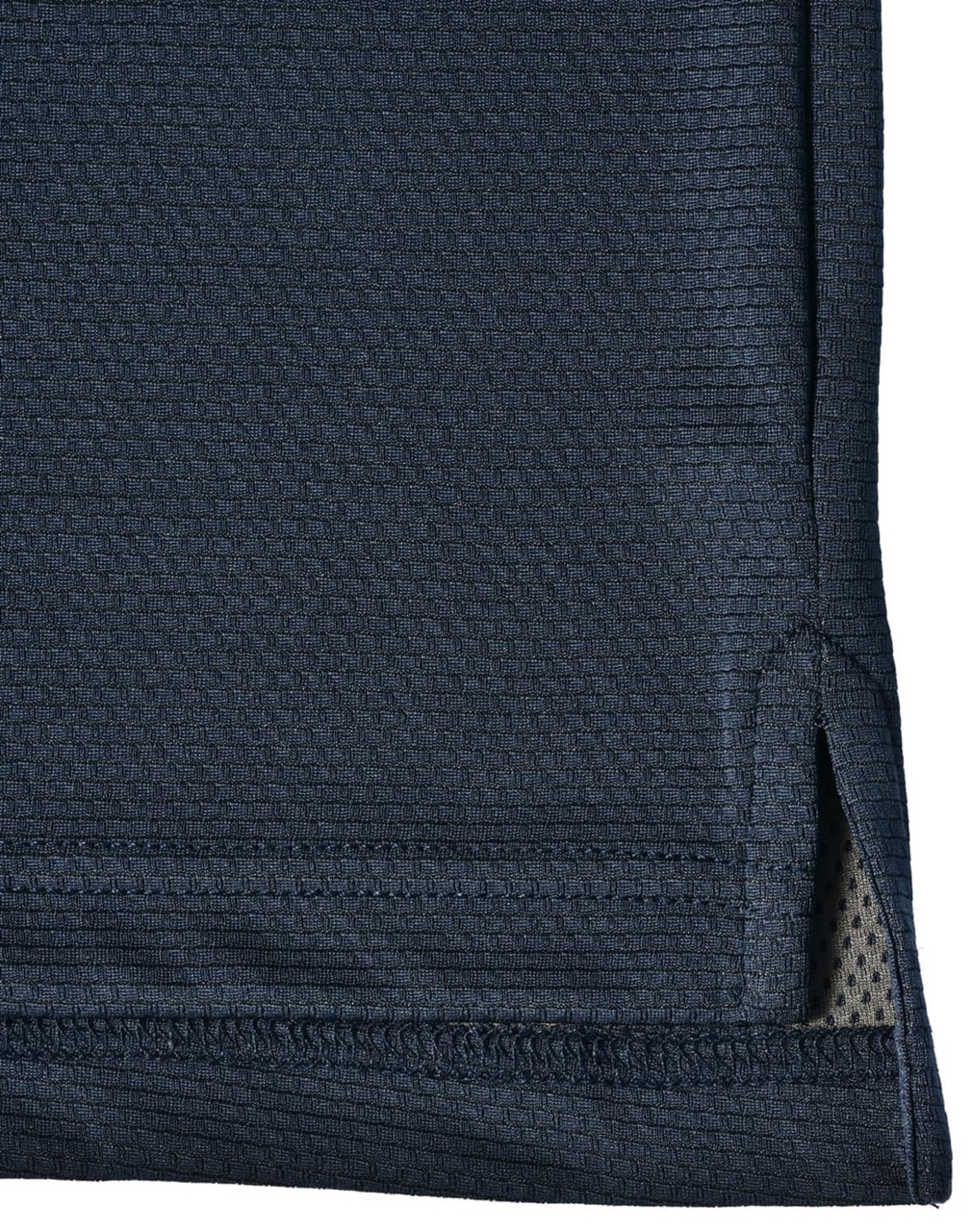 A navy blue polo shirt featuring a subtle textured pattern and a side split at the hem. It has a logo.