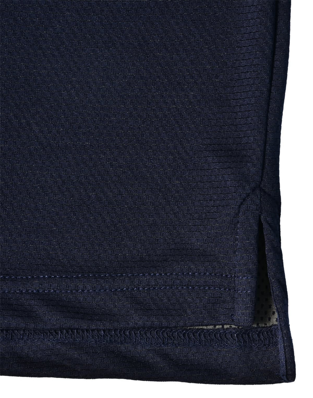 A navy blue men's bamboo charcoal polo shirt, featuring a hem with side slits and a logo.