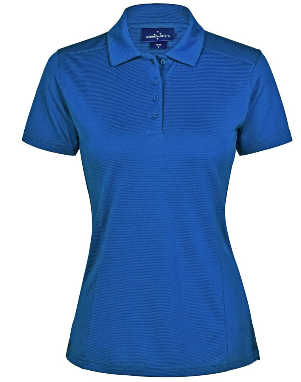 A blue ladies' bamboo charcoal polo shirt with a collar and three buttons, featuring a branding logo.