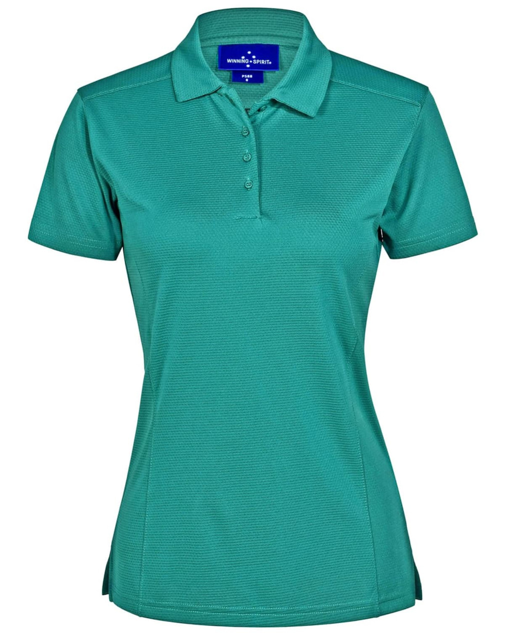 A teal bamboo charcoal polo shirt with a collar, short sleeves, and a branded logo.