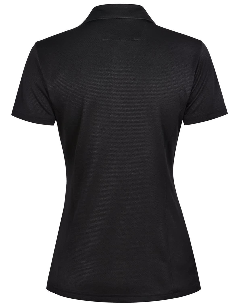 A black women's polo shirt featuring a collar and a logo on the back.