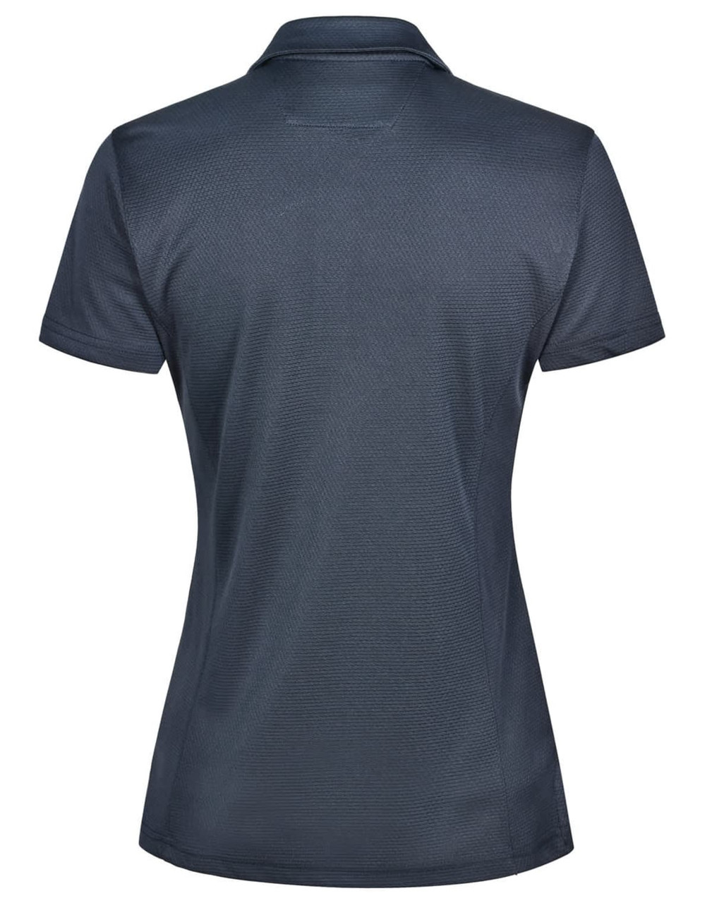 A grey ladies' polo shirt featuring a collar and a logo on the back. Made from bamboo charcoal fabric.