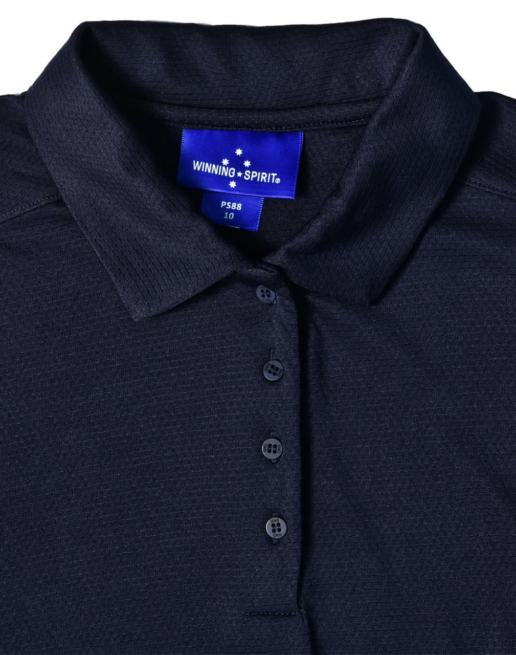 A navy blue polo shirt with a collar, featuring a buttoned placket and a logo on the label.