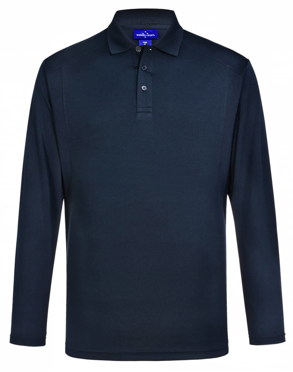 A navy long-sleeve polo shirt featuring a collar and buttons, with a logo on the chest.