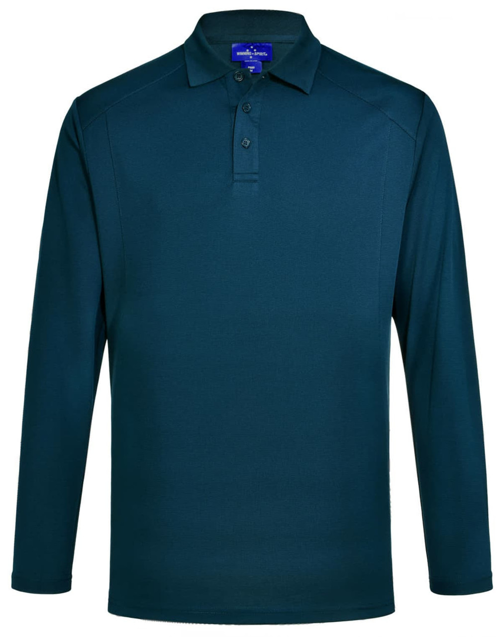 A long-sleeved polo shirt in a teal colour, featuring a collar and a logo.