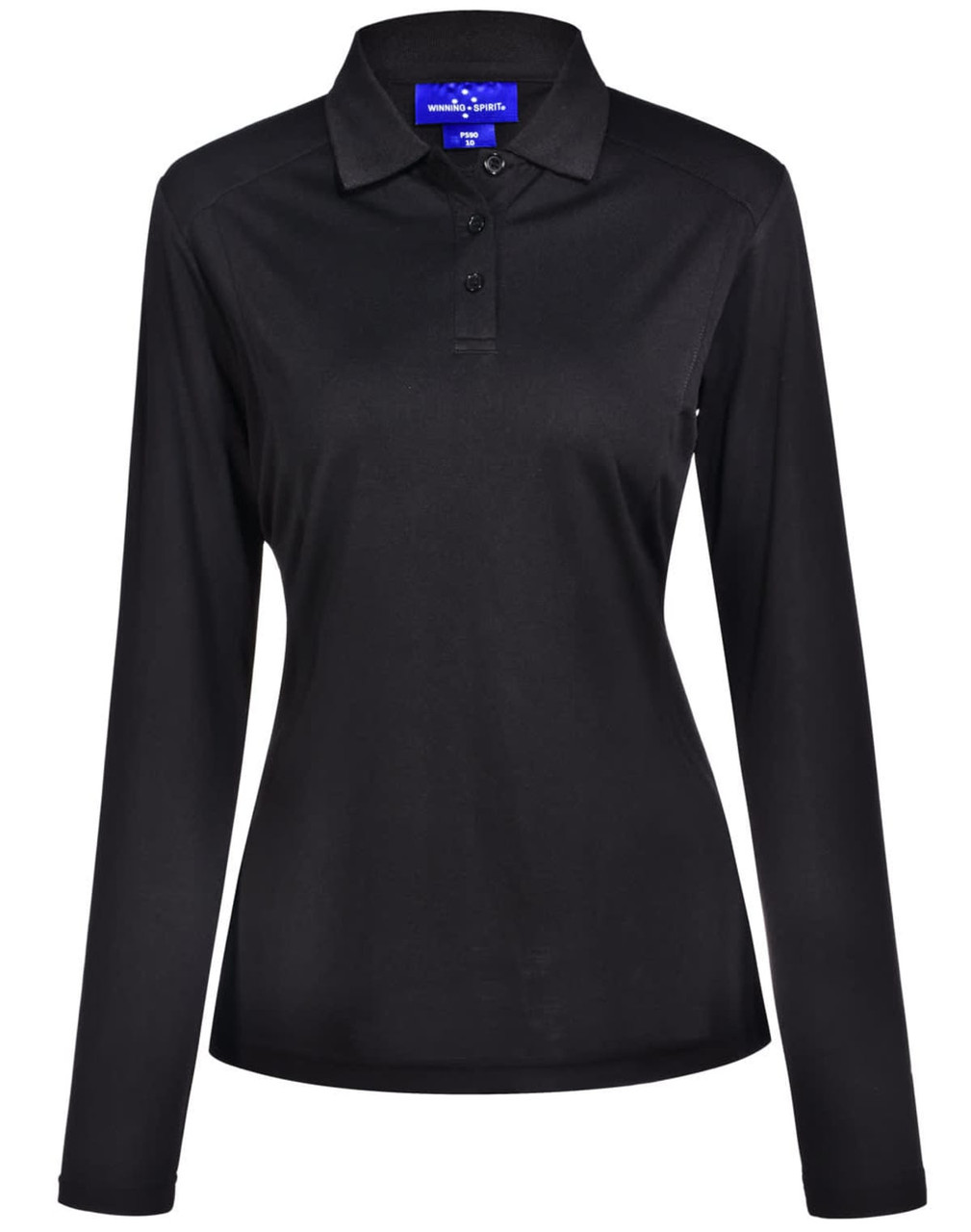 A black long-sleeve polo shirt for ladies made from bamboo charcoal fabric. Features a collar and a logo.