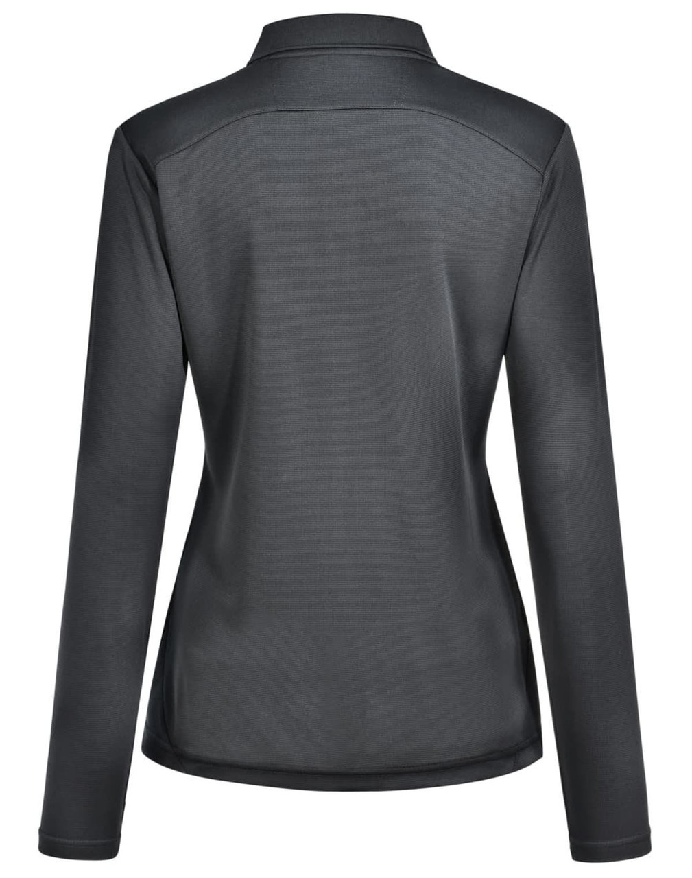 A ladies' long-sleeve polo shirt in charcoal grey, featuring a sleek design and a branded logo.