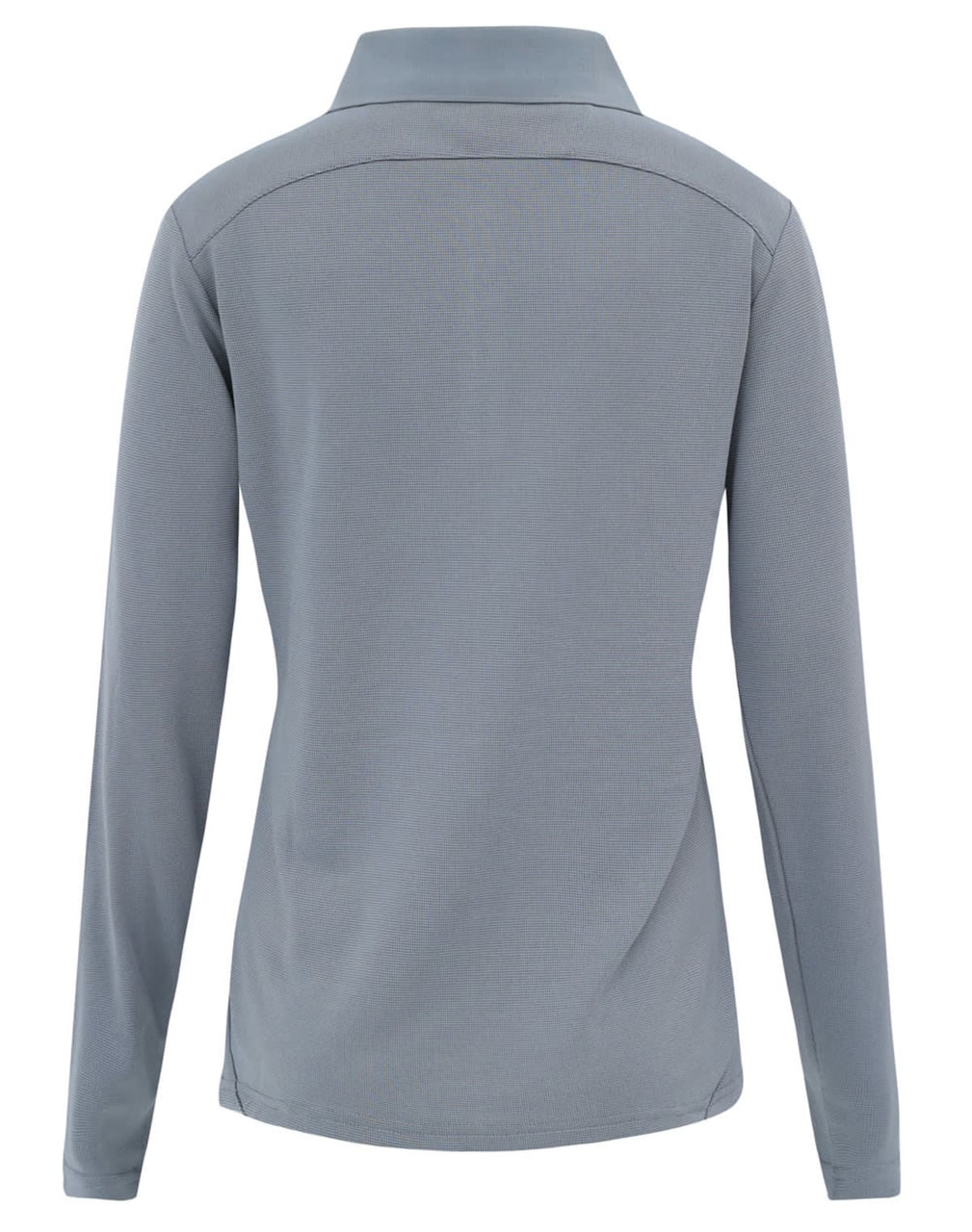A grey Ladies' Bamboo Charcoal long-sleeve polo shirt with a collar and a logo on the back.