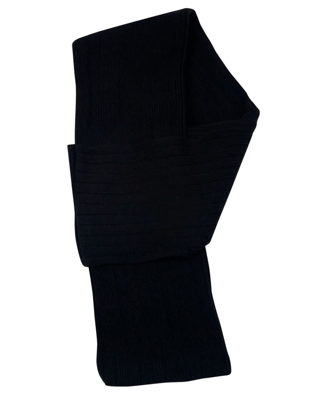 A black cable knit scarf with a textured design, made from acrylic material. It features a cable row detail.