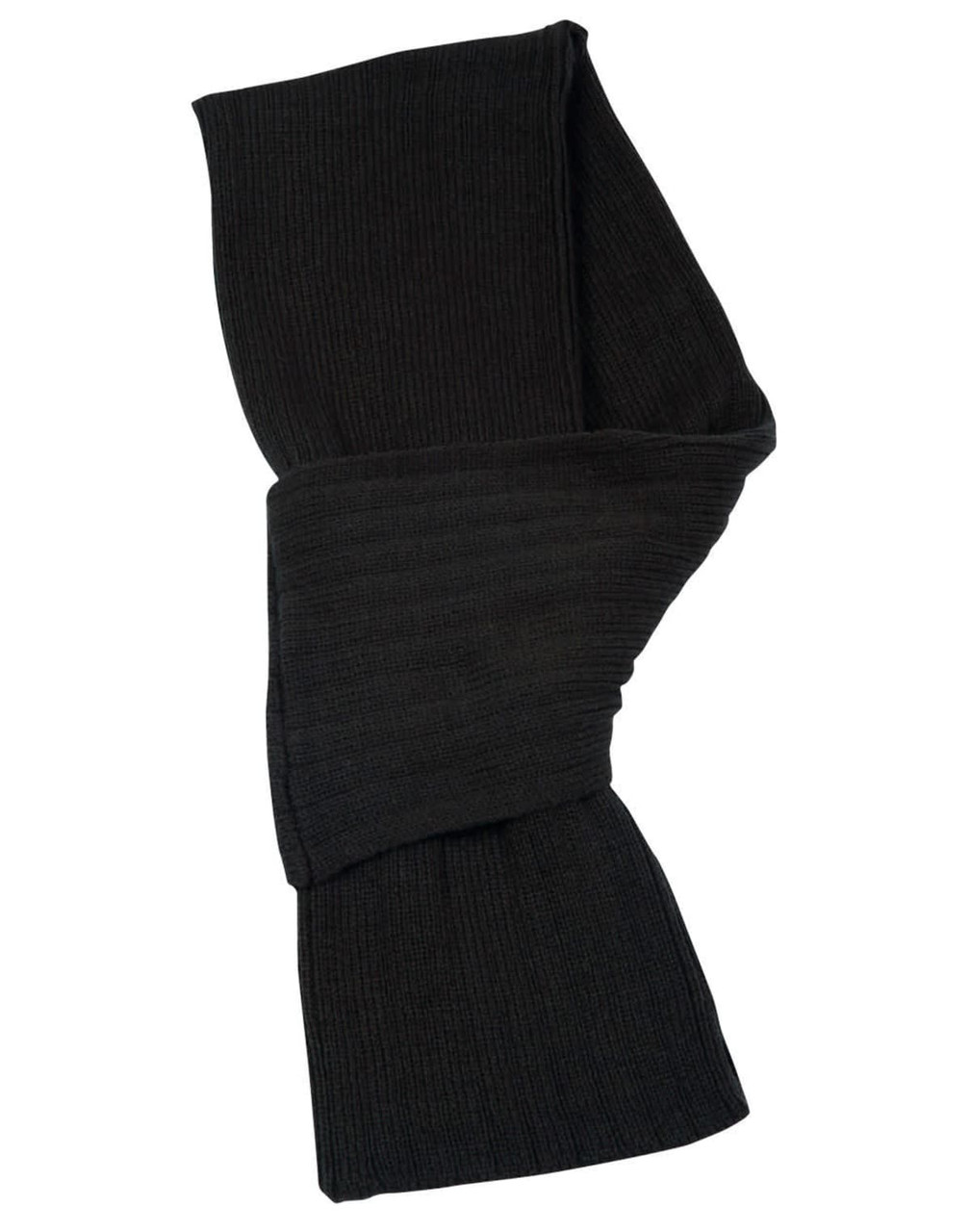 A black cable knit scarf made of acrylic, featuring a ribbed design. It has a logo but no visible branding.