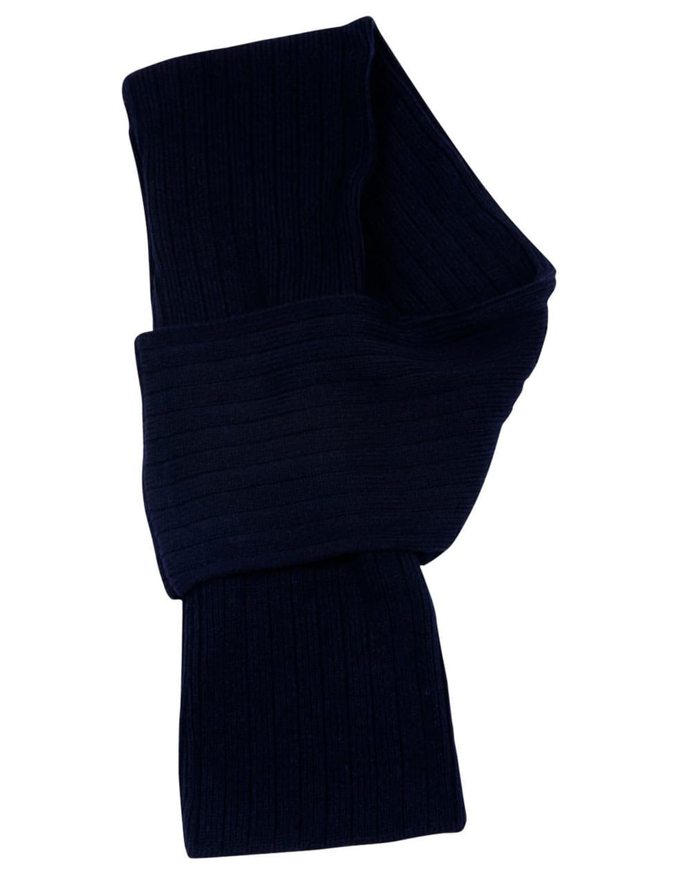 A navy cable knit scarf made from acrylic, featuring a textured cable row design. It has a logo.