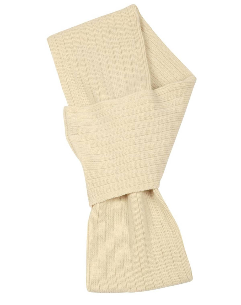 A cream-coloured cable knit scarf made from acrylic with distinctive cable row features. It has a simple design and includes a logo.