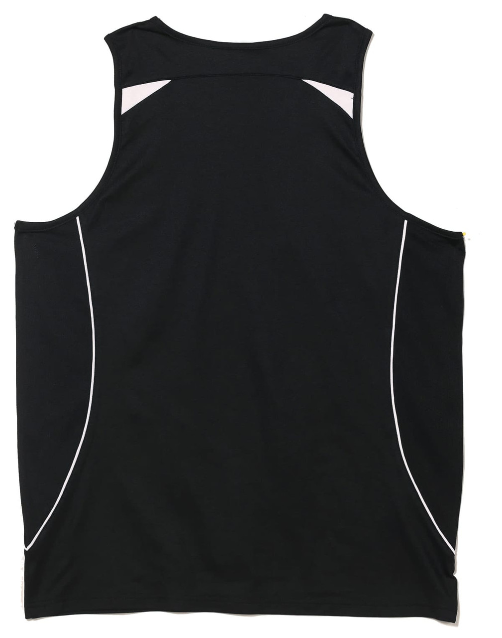 A black ladies' singlet with white accent detailing and a logo. The back features a sporty design.