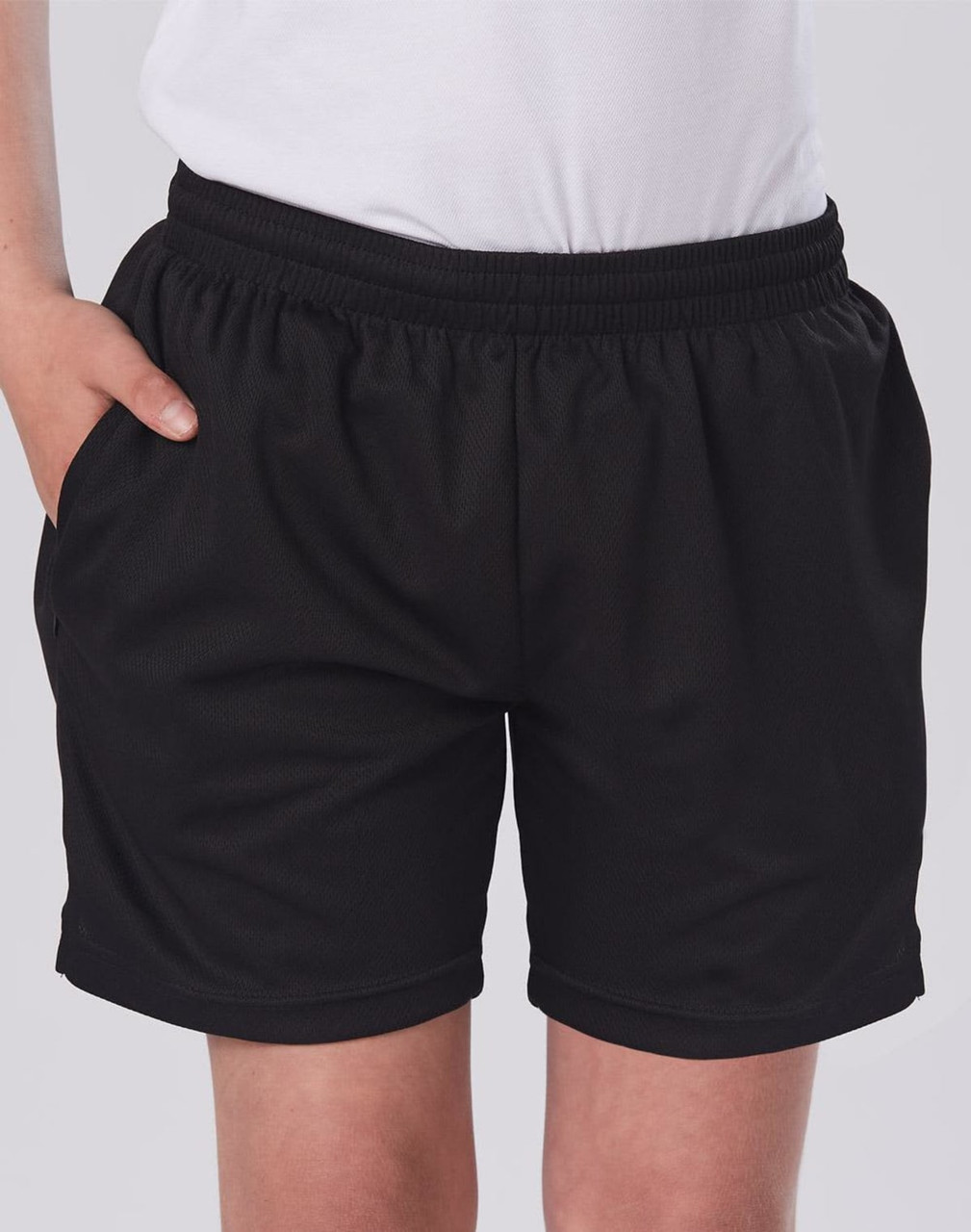 Black sports shorts with an elastic waistband and pockets. The fabric has a textured look.