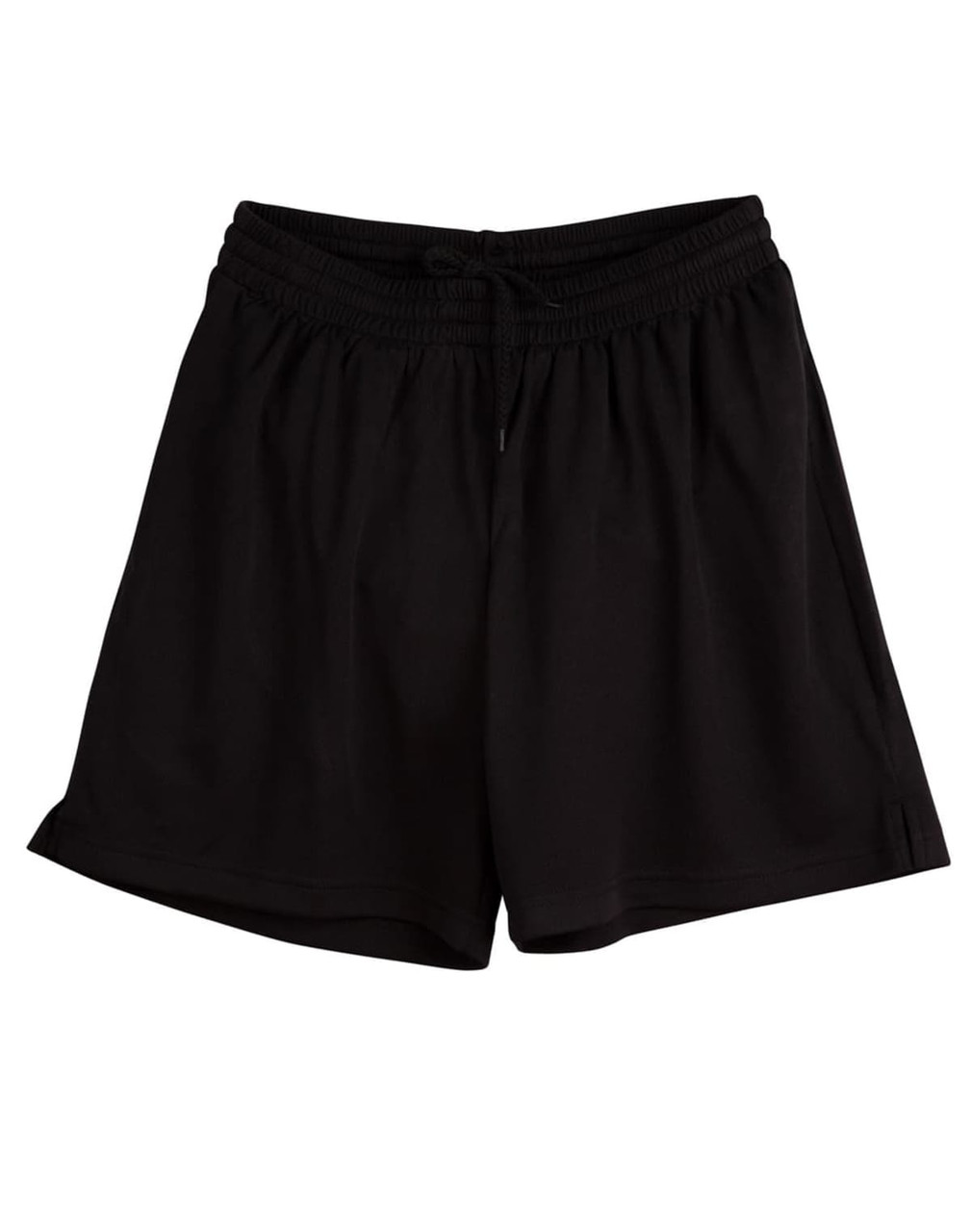 A pair of black kids' sports shorts with an elastic waistband and drawstring, featuring a branding logo.