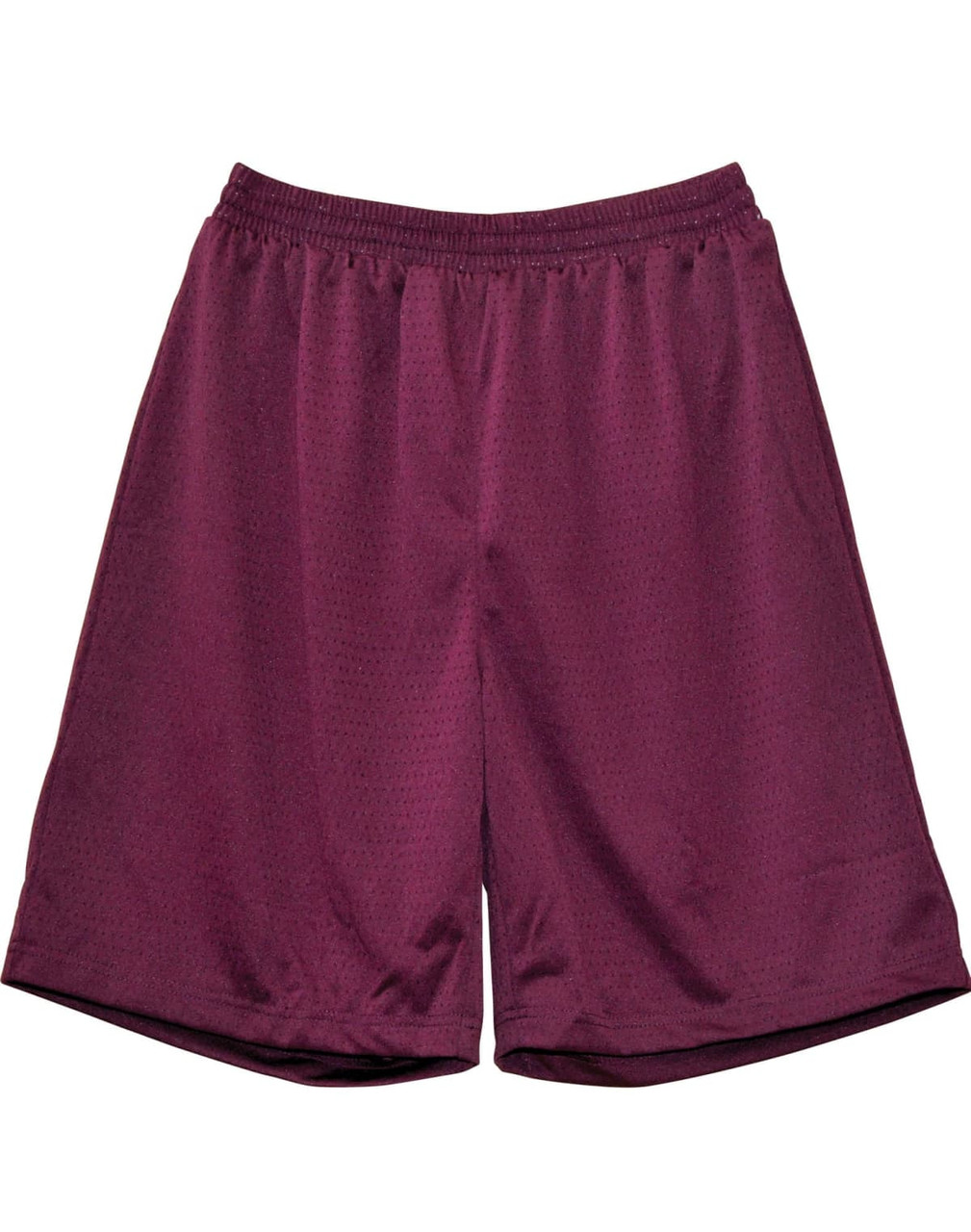 Maroon kid's basketball shorts featuring an elastic waistband, with a breathable fabric design and a logo.