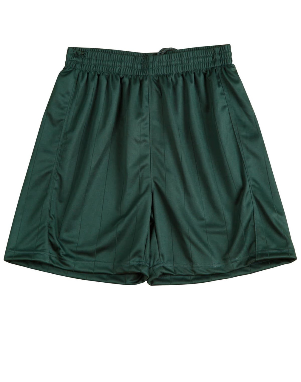Dark green adults' soccer shorts with an elastic waistband and a logo. Ideal for sports uniforms.