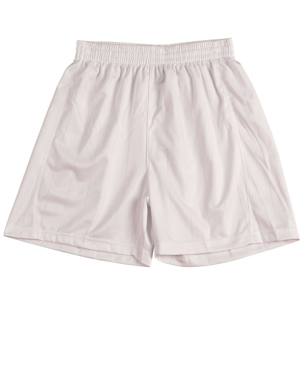 A pair of adults' soccer shorts in light grey with an elastic waistband and vertical stripes.