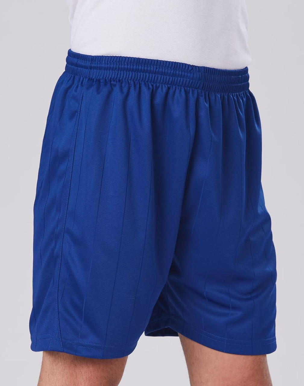 Blue kids' soccer shorts with an elastic waistband, featuring a smooth, lightweight fabric.