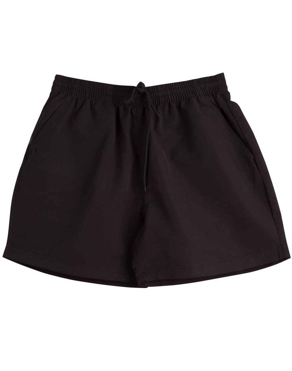 Black microfibre sports shorts featuring an elastic waistband and pockets. Includes a logo on the fabric.