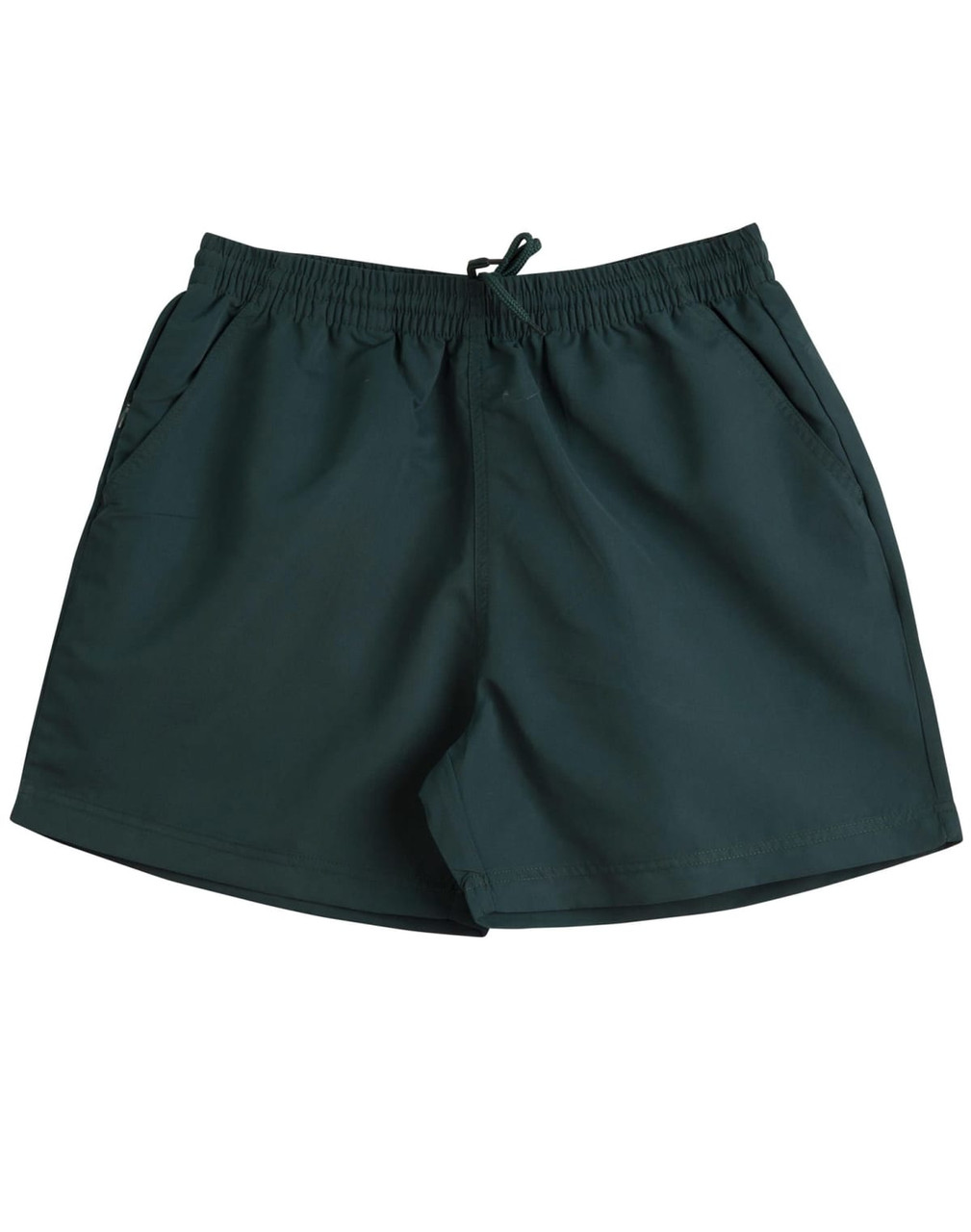Adult microfibre shorts in a dark green colour, featuring an elastic waistband and side pockets. Includes a logo.