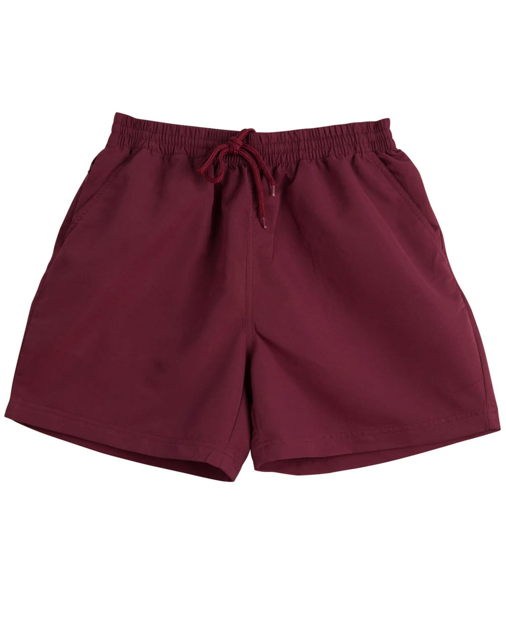 Burgundy kids' microfibre shorts with an elastic waistband and drawstring. Features side pockets and a branding logo.
