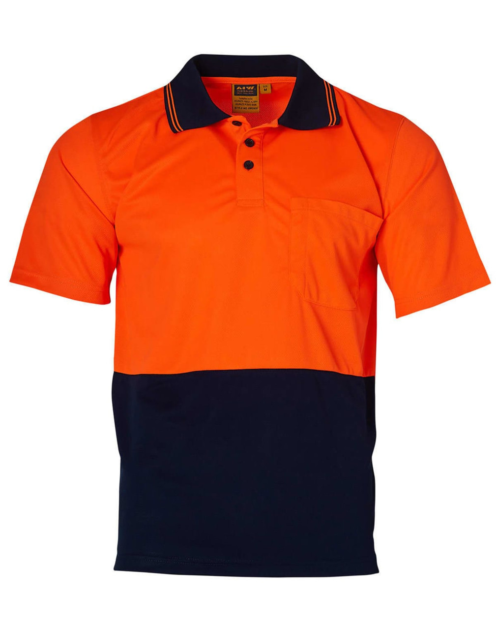A short-sleeved safety polo shirt in high visibility orange and navy, featuring a collar and a chest pocket.