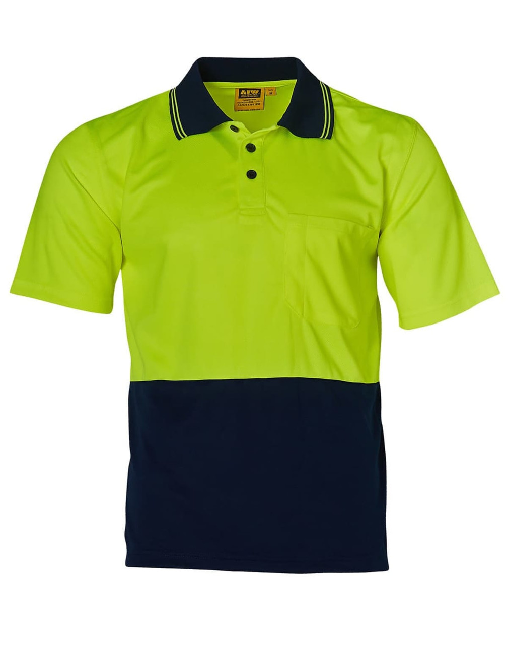 A high-visibility short-sleeve safety polo in fluorescent yellow and navy blue, featuring a pocket and a logo.