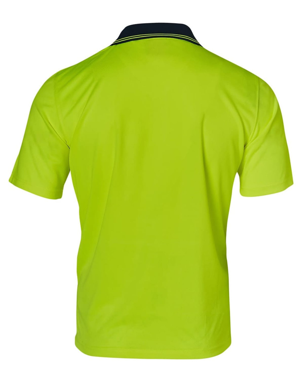 A bright yellow high-visibility polo shirt with a navy collar, featuring a logo on the back.