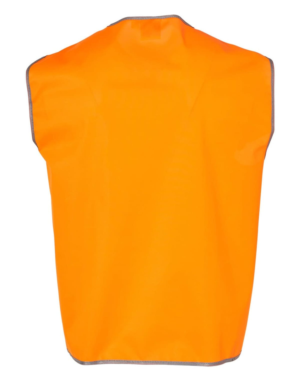 An orange Hi-Vis safety vest with grey trim, featuring a simple design and no sleeves.